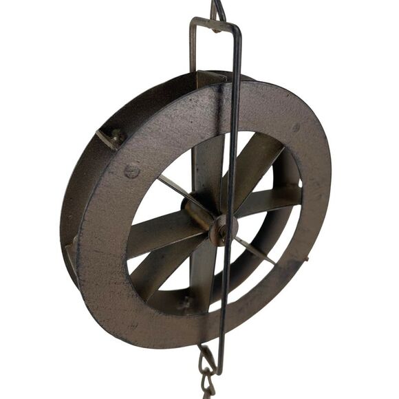 78-Inch Metal Rain Chain - 6 Water Wheels & Weighted Bell, Rustic Brown Finish - Picture 3 of 12